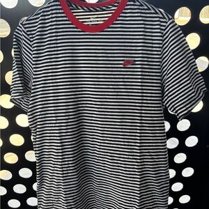 Nike Men's Striped Black and White Tee with Red Accents